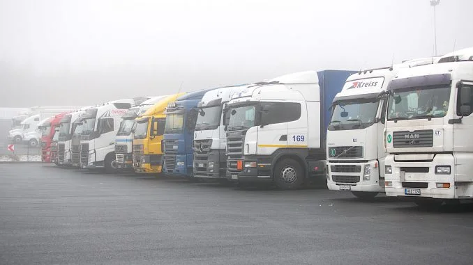 Semi-trucks lined up and ready for truck-based cargo movement